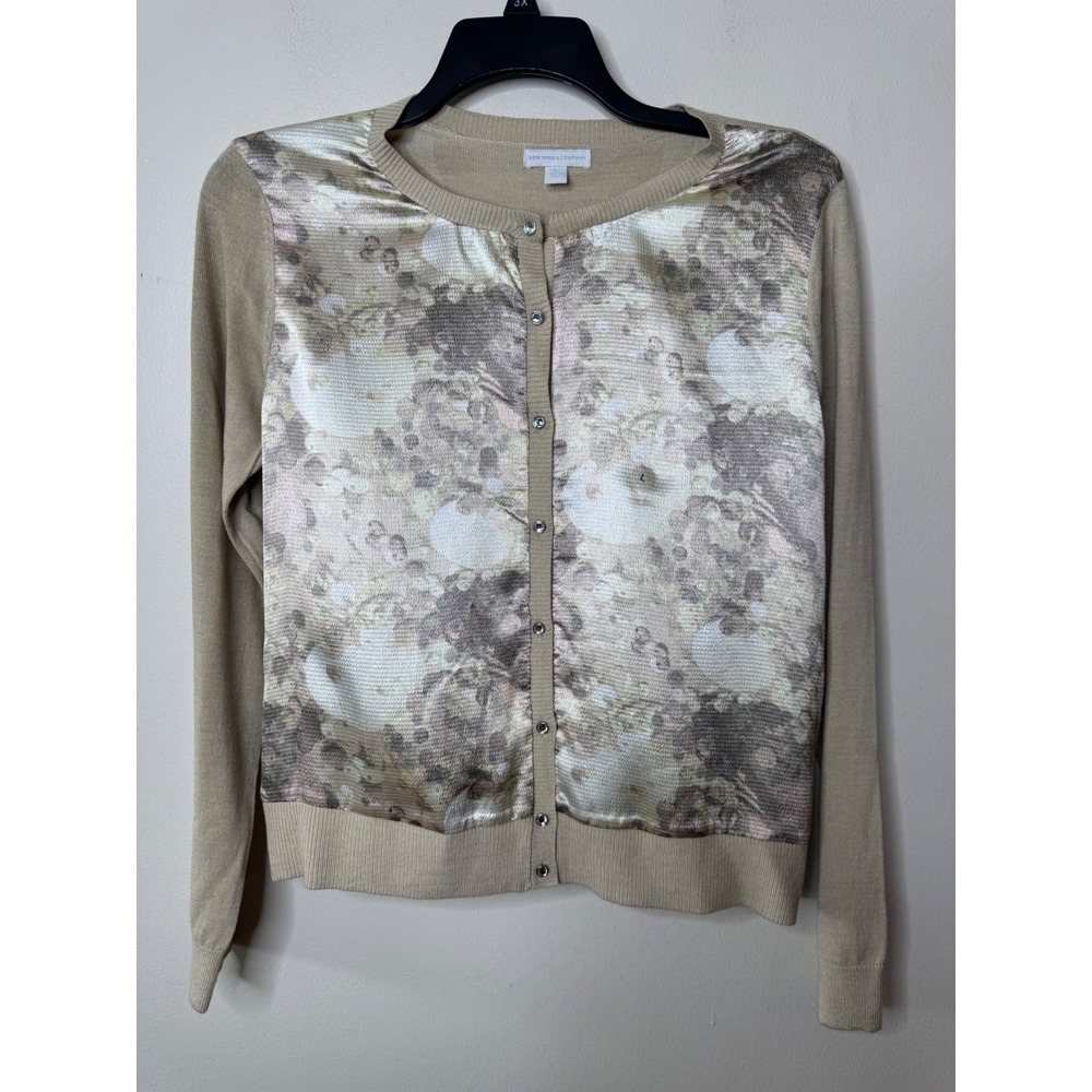 New York & Company Floral‎ Mixed Media Cardigan Sweater Tan Rhinestone Button